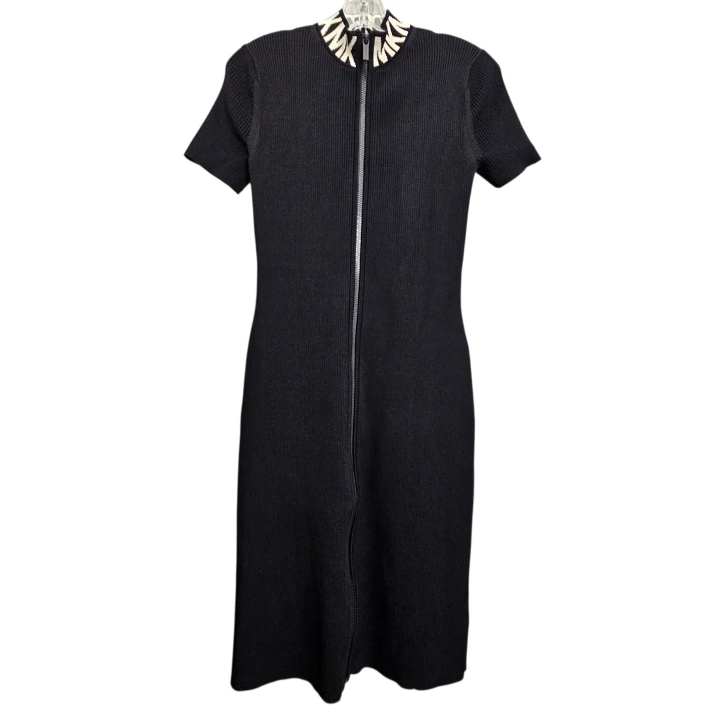 Nwot Michael Kors Black Ribbed Knit MK Logo Neckline Shortsleeve Zipfront Dress - Picture 10 of 17